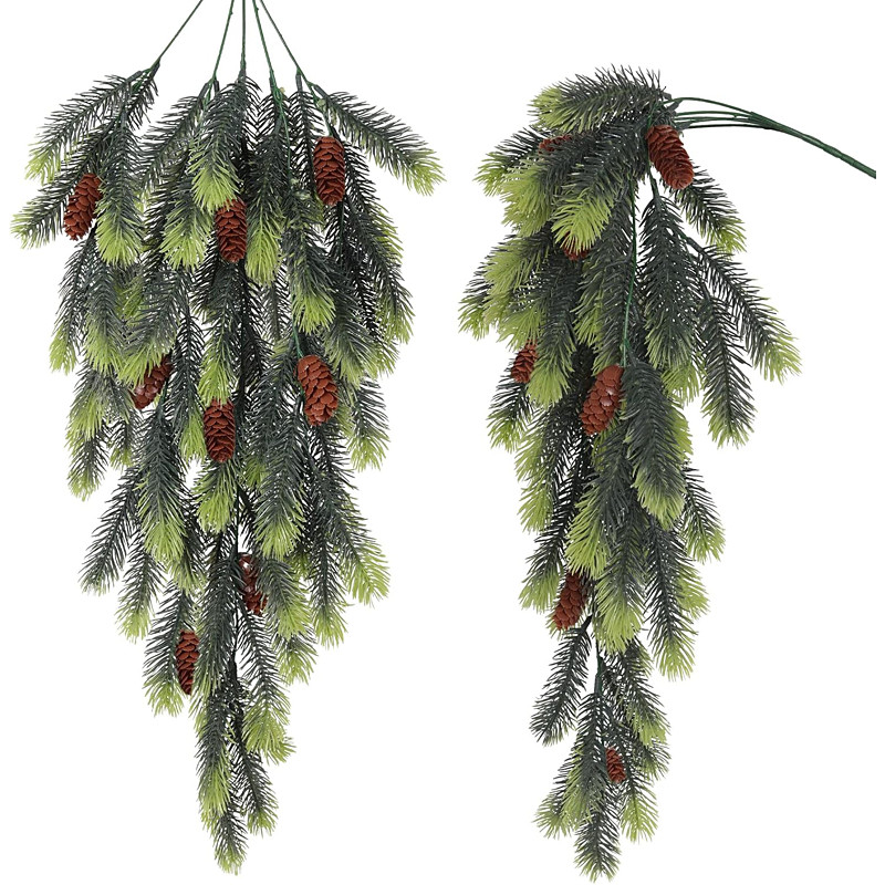 2 Pack Artificial Christmas Teardrop Artificial Pine Branches with Pine Cones Green Plants Pines Needles Fake Hanging Plants Outdoors DIY Accessories for Christmas Home Garden Decor