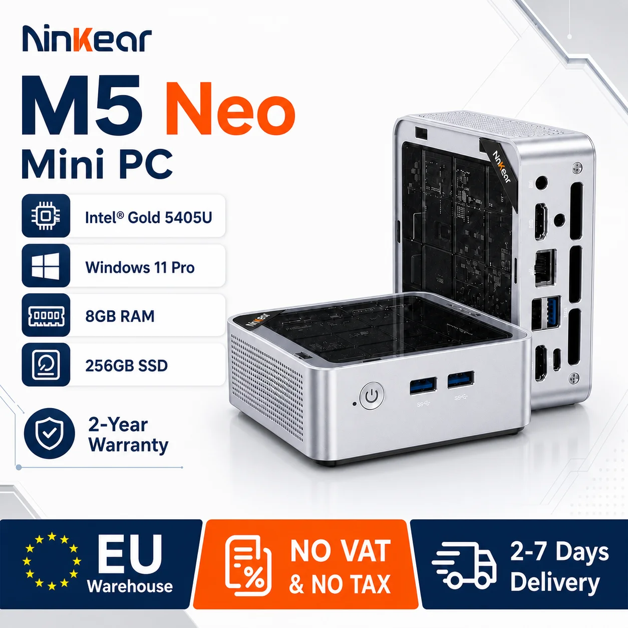 Ninkear M5 Neo Mini-PC, Intel Pentium Gold 5405U, 8GB RAM 256GB SSD, Windows 11, Dual HDMI, WiFi 5, Bluetooth 5.0, 2TB Erweiterung, Kompakter Desktop-Computer