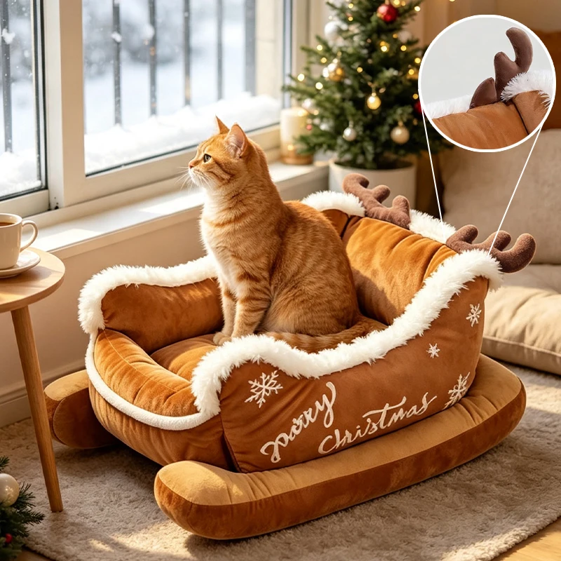 S/M/L Neues Weihnachts-Haustier-Sofabett Gemütliches Dickes Plüsch Anti-Rutsch Warmes Schlafnest Urlaubs- und Neujahrsgeschenk für Welpen und Kätzchen zur Ruhe im Innenbereich