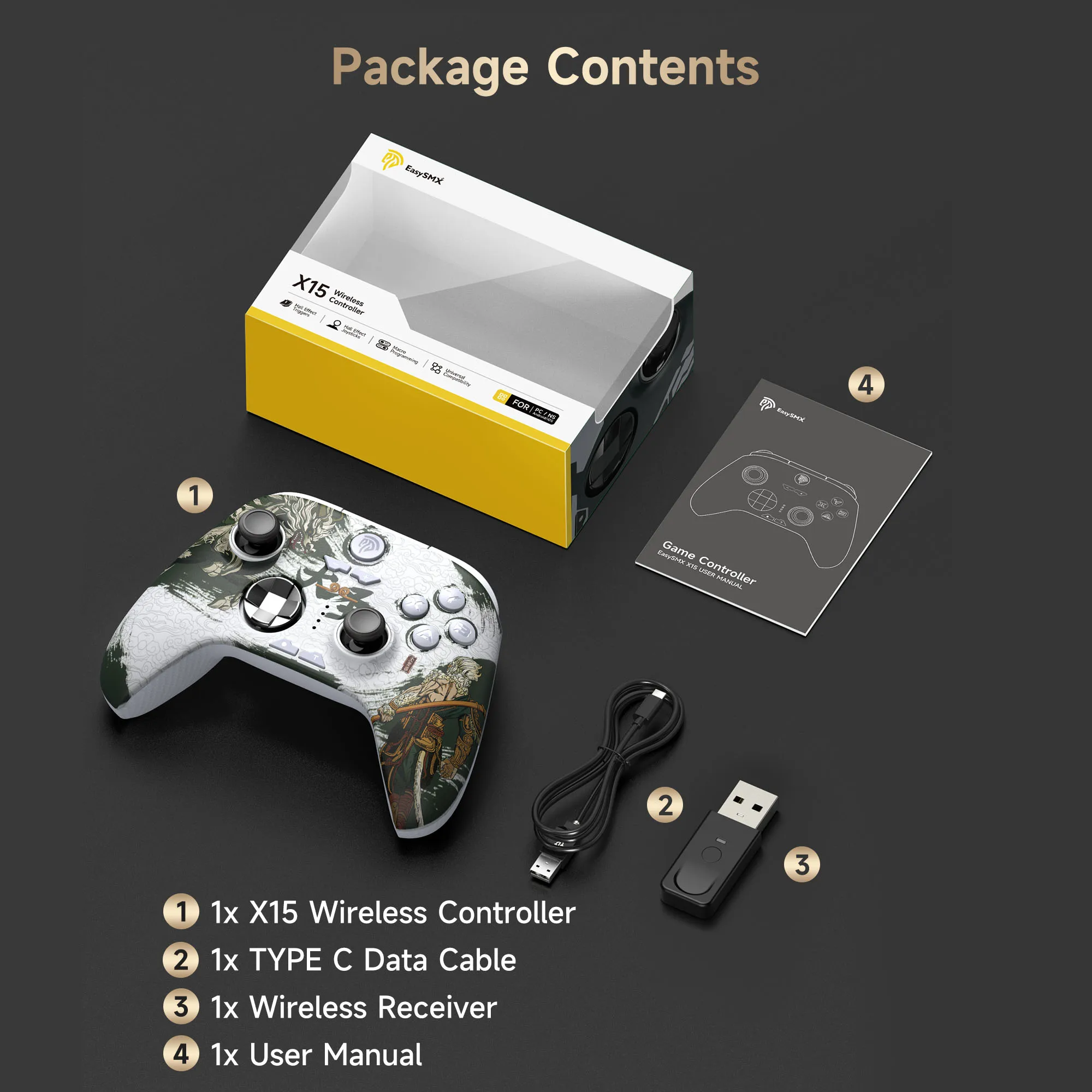 EasySMX X15 Kabelloses Gamepad, Hall-Effekt-Bluetooth-Controller, kompatibel mit PC, Switch, Telefon, Steam, TV, RGB für Black Myth Wukong
