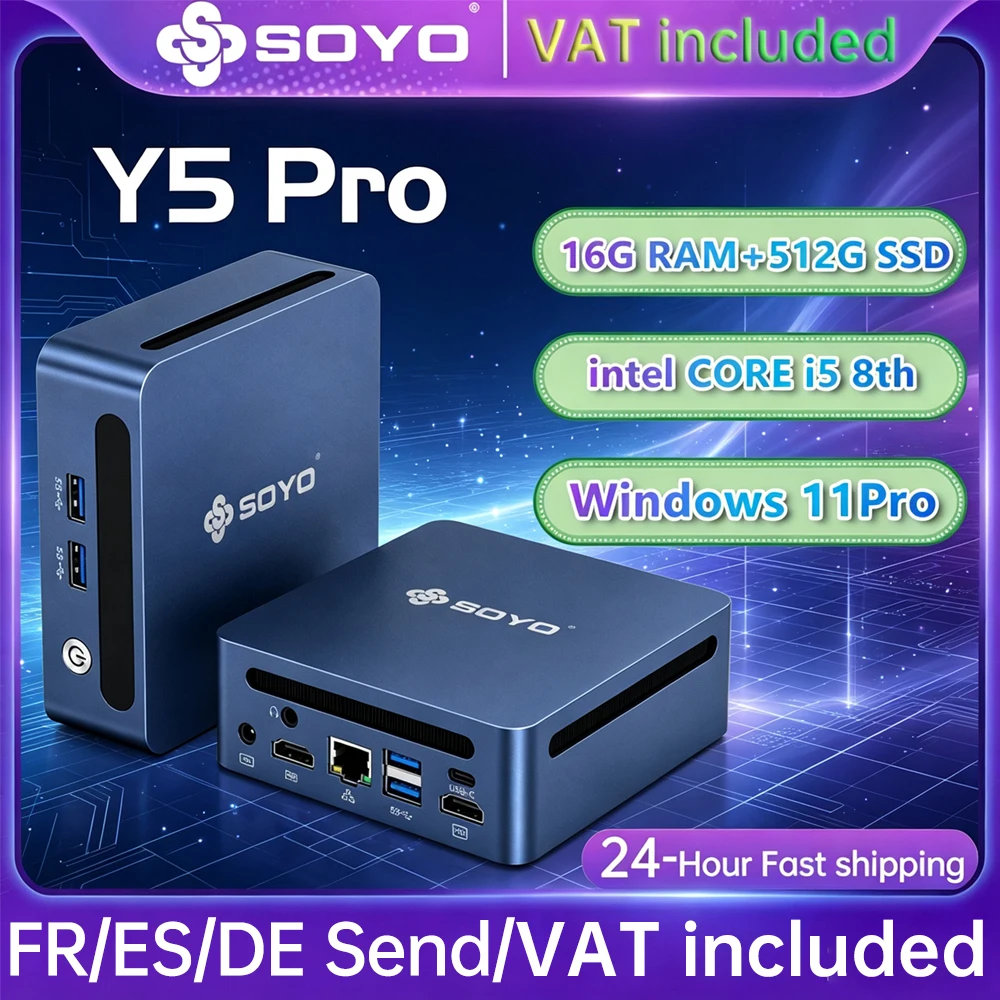 SOYO Y5 PRO Mini-PC Intel i5-8250U LPDDR4 16GB RAM 512GB SSD Windows 11 Pro Dual HDMI USB-C RJ45 Gigabit Ethernet Kleiner Desktop-Computer Home Office Mini-PC