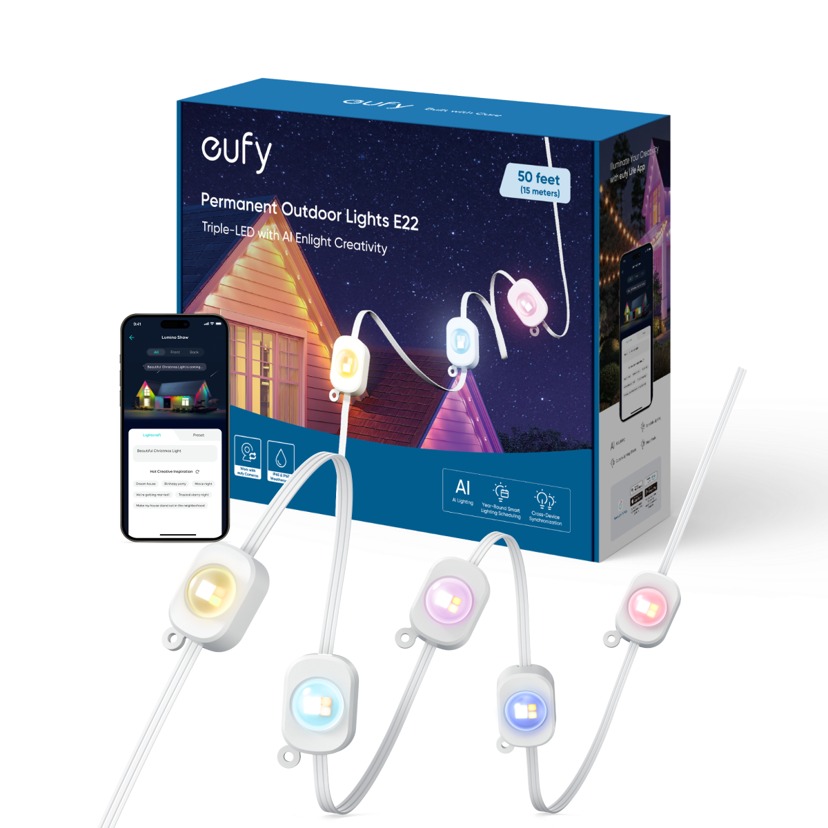 Anker eufy Festinstallierte Outdoor-Lichterkette E22, 15m, 60 Triple-LEDs