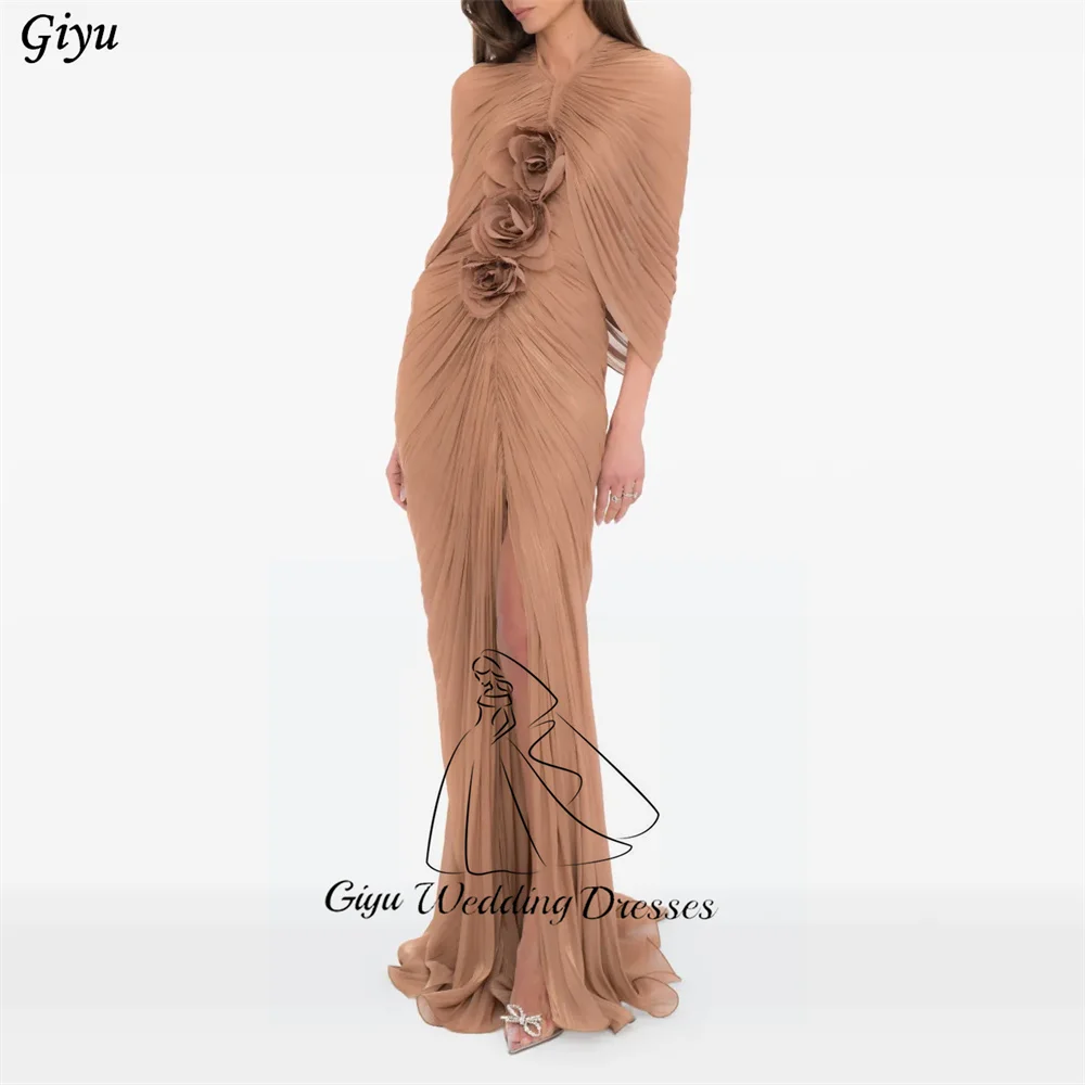 Giyu Elegant Light Brown Chiffon Evening Gown Dress Mermaid 3D Flowers Pleat Party Dress Prom Dress For Women Customized