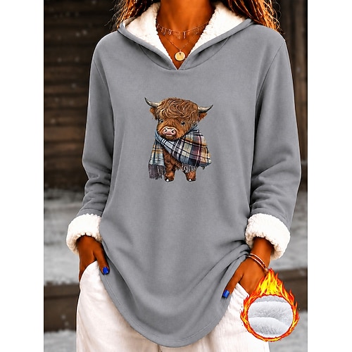Damen Kapuzenpullover Druck Grafik Tiermotiv Warm Mode Modern Langarm Mit Kapuze Lange Oberteile Lässig Straße Rosa Rote Grau Herbst Winter