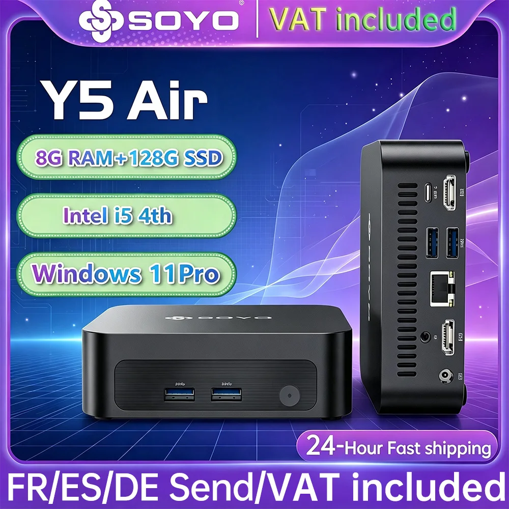 SOYO Mini-PC Y5 AIR Intel Core I5 4. Generation 8GB RAM 128GB SSD Windows 11 Pro Mini-Desktop-Computer WiFi BT4.2 Dual-HDMI-Anschluss USB-C-Port Heim- und Büro-Mini-Computer Geschäfts-Mini-PC Niedriger Stromverbrauch Mikro-PC Tragbarer Kompakter...