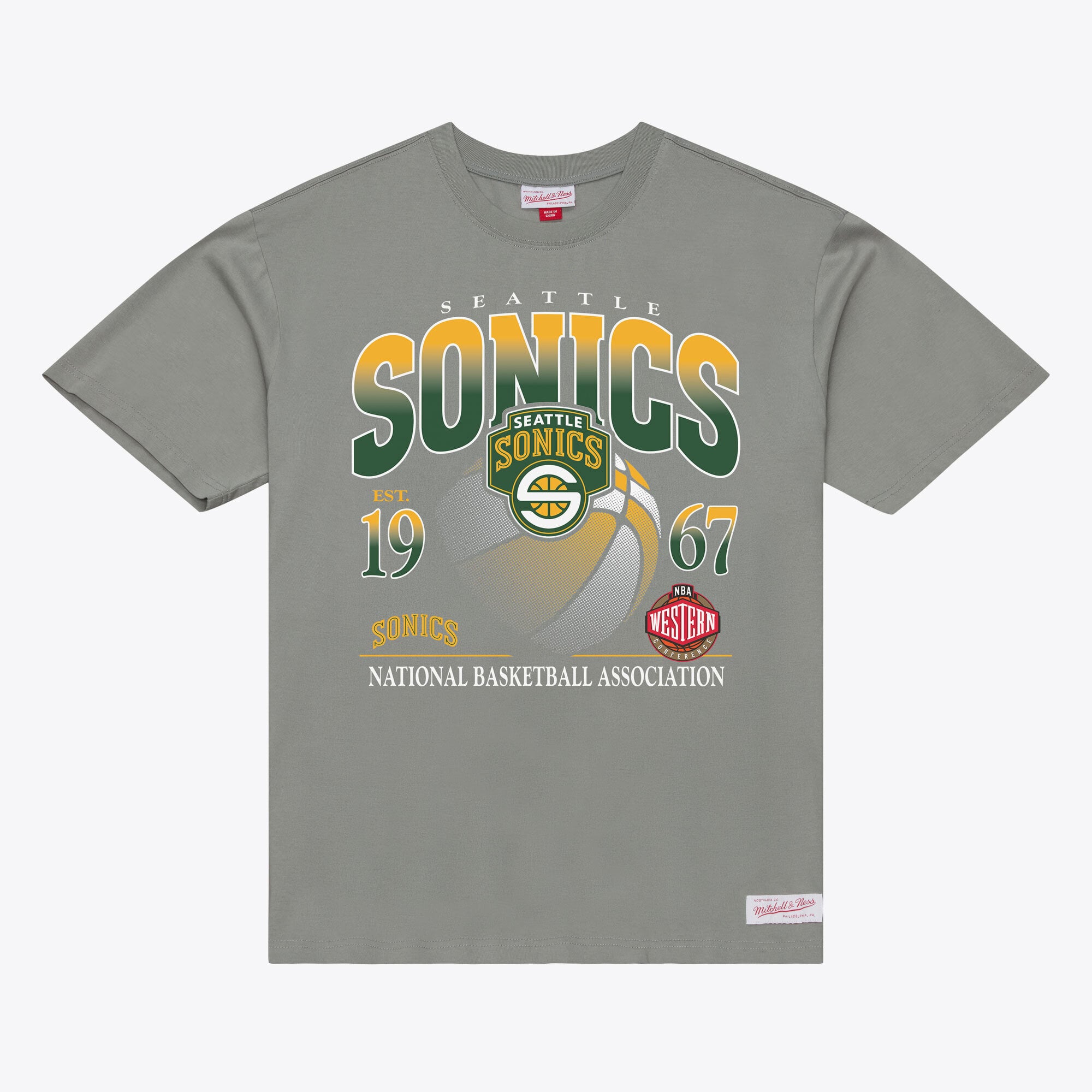 Mitchell & Ness Herren-T-Shirt mit grauem Seattle SuperSonics Core-Grafikdesign