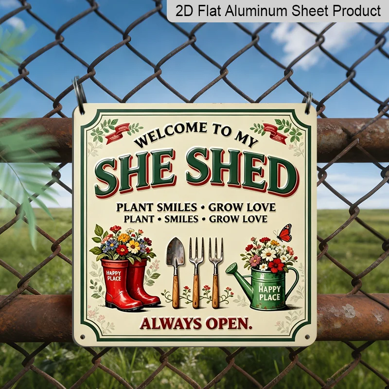 Vintage Metal Tin Sign, Welcome To My She Shed Garden Tools Rain Boots Floral Rust Square Plaque, 2D Flat Garden Wall Decor