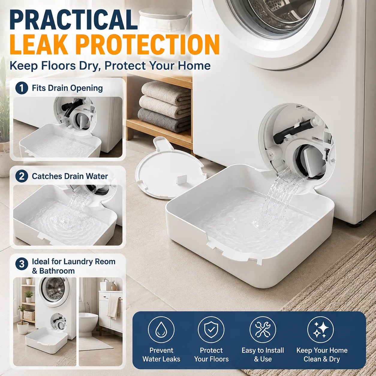 1 Washing Machine Drain Pan with Curved Opening for Front Loading Washing Machine, Easy to Clean