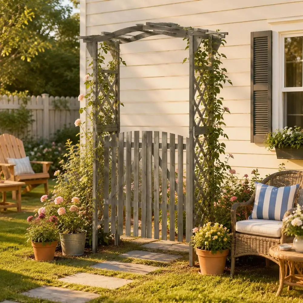 Arche de pergola de jardin avec portail, treillis en bois de sapin et de pin massif pour plantes grimpantes, arche d'entrée de jardin grise pour allée, patio, décoration de jardin, 116x40x204 cm