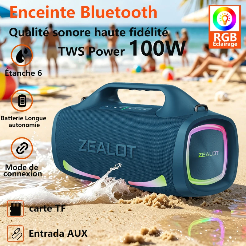 ZEALOT-S79 Enceinte sans fil,100W, enceinte portable outdoor avec subwoofer, 24000mAh, qualité sonore Hifi, jumelage de deux appareils, charge rapide.