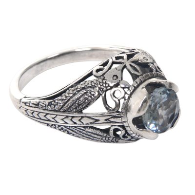Starling Romance,'Balinese Sterling Silver and Blue Topaz Bird Theme Ring'