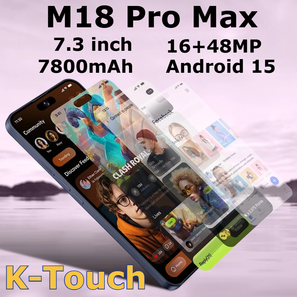 Téléphones mobiles K-Touch M18 Pro Max Smartphone 5G Double carte double veille 7,3 pouces Android 15 Téléphone portable 22G+2TB Appareil photo 16+48MP 7800mAh Wifi GPS Version mondiale Téléphones portables