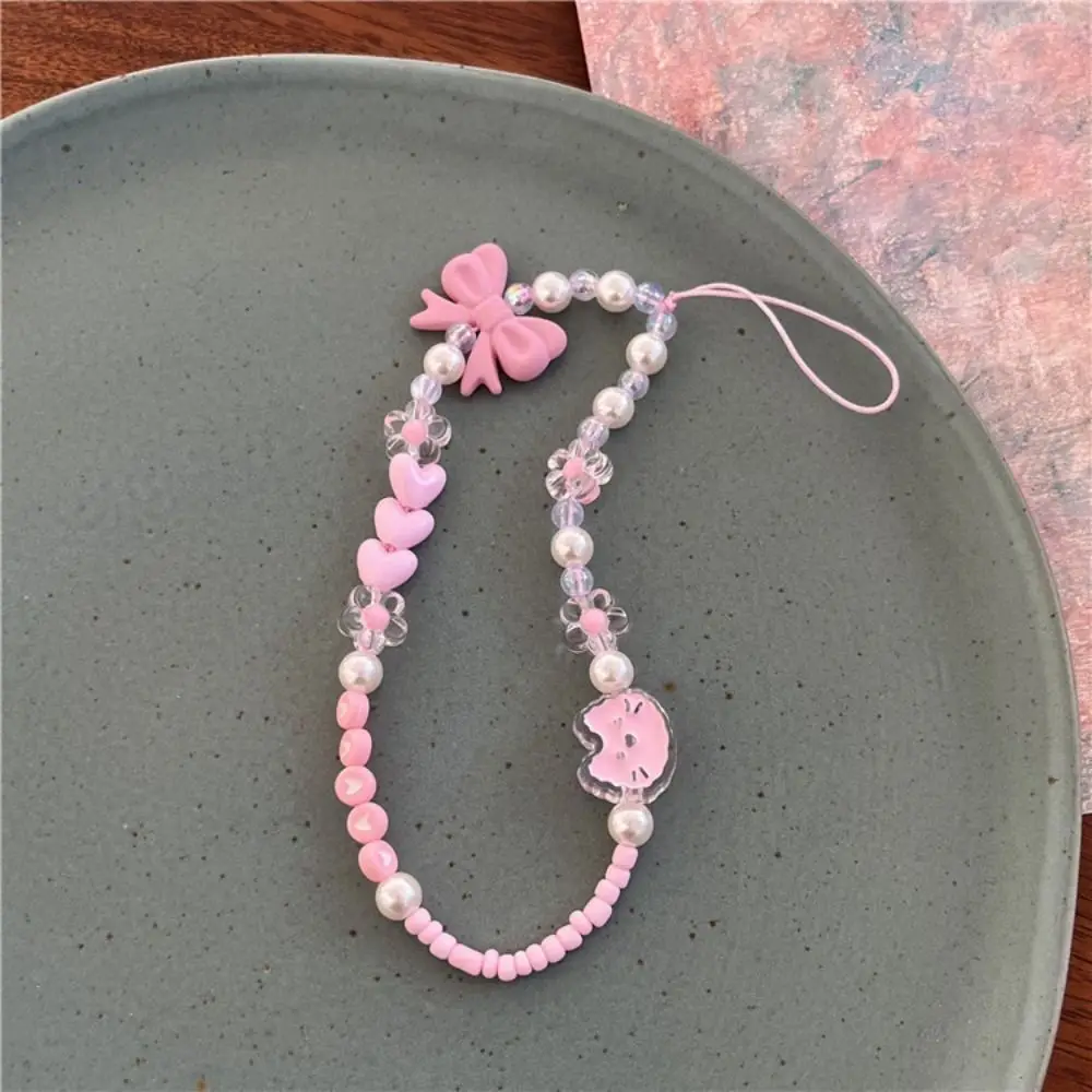 Candy Colored Butterfly Bow Phone Chain Cartoon Portable Phone Wrist Strap Gift Anti-loss Beaded Phone Charm Phone Accessories