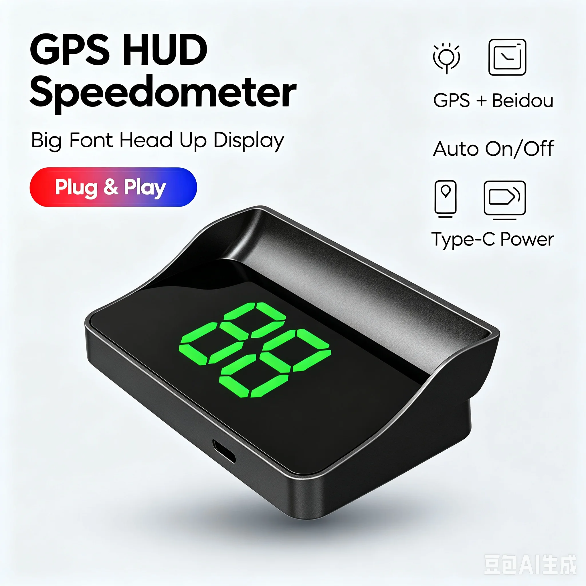 GPS Beidou Dual Chip Car HUD Speedometer Large HD Font Head Up Display Auto Power On Off Plug & Play Universal Vehicle Speed