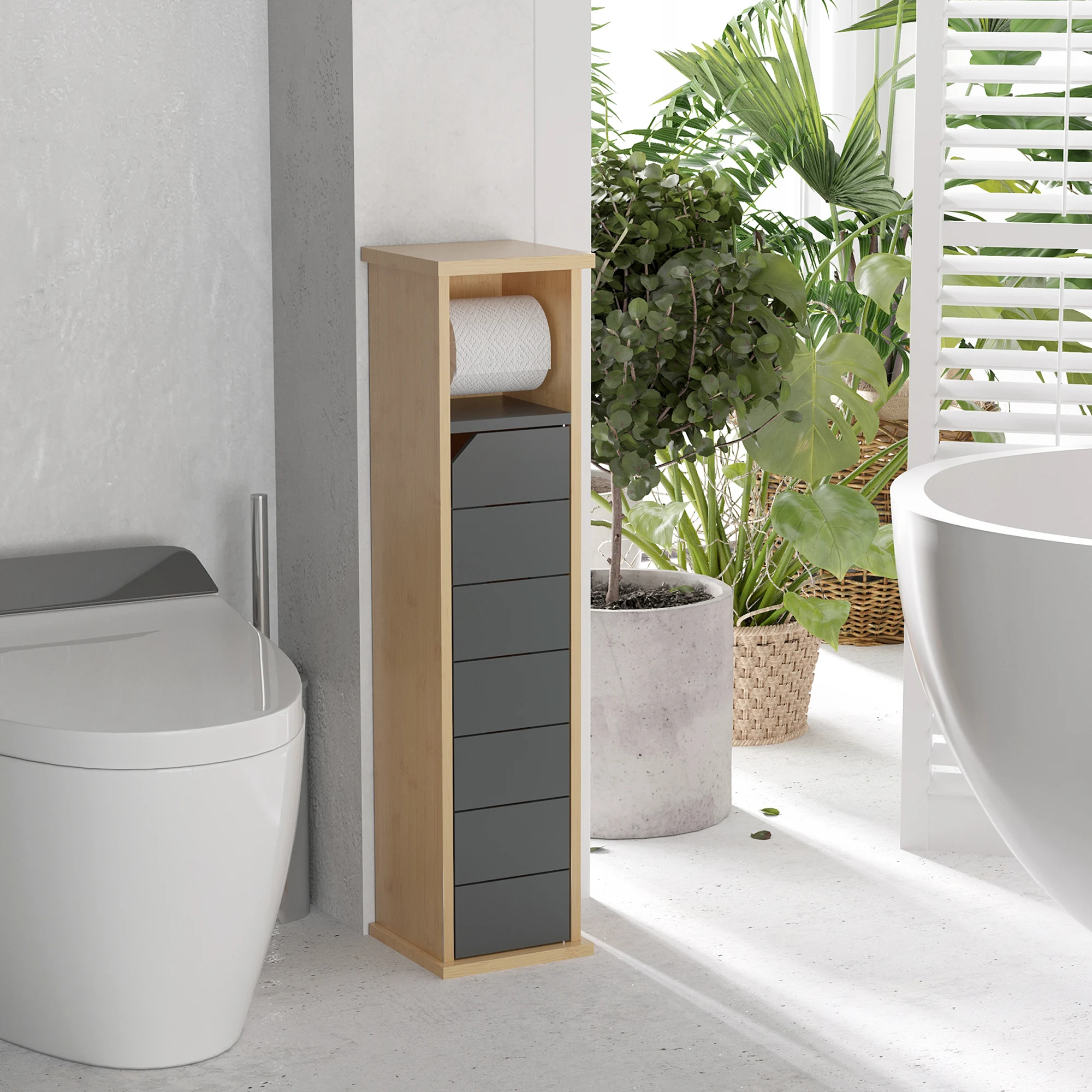Meuble de salle de bain autoportant et compact, étagère de rangement au sol avec barre supérieure pour papier toilette et tiroirs multi-gris, organisateur de salle de bain pour salle de bain,