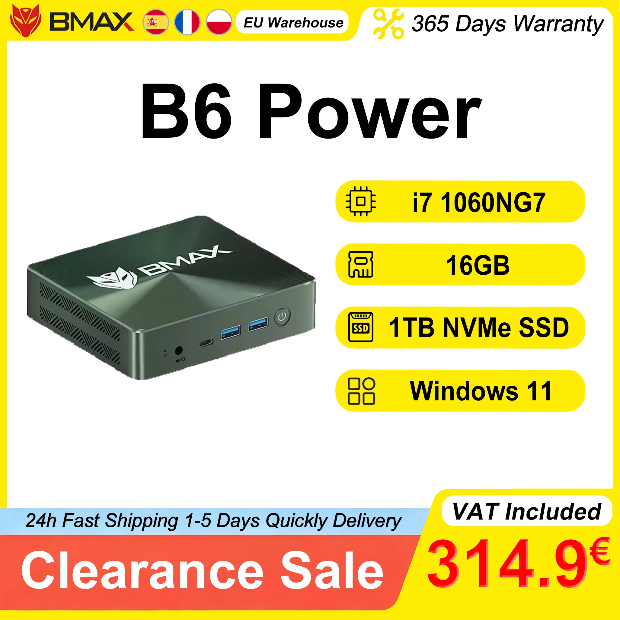 BMAX Mini-PC B6 Power Intel Core i7 1060NG7 16GB RAM 1TB Windows 11 NVMe SSD NVMe_2280X2 HDMI USB Bluetooth Computer Typ-C