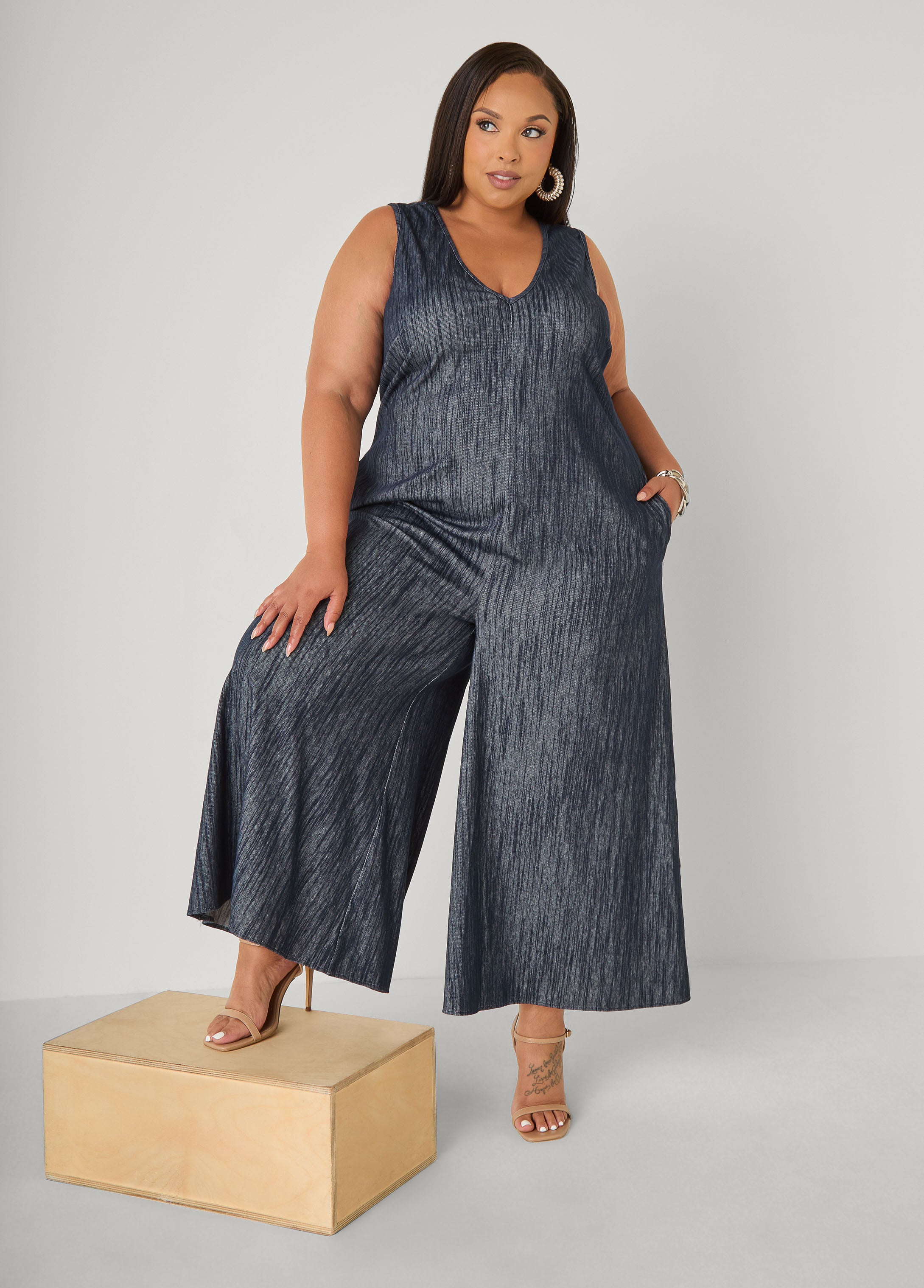 Plus Size Textured Denim Wide Leg Jumpsuit