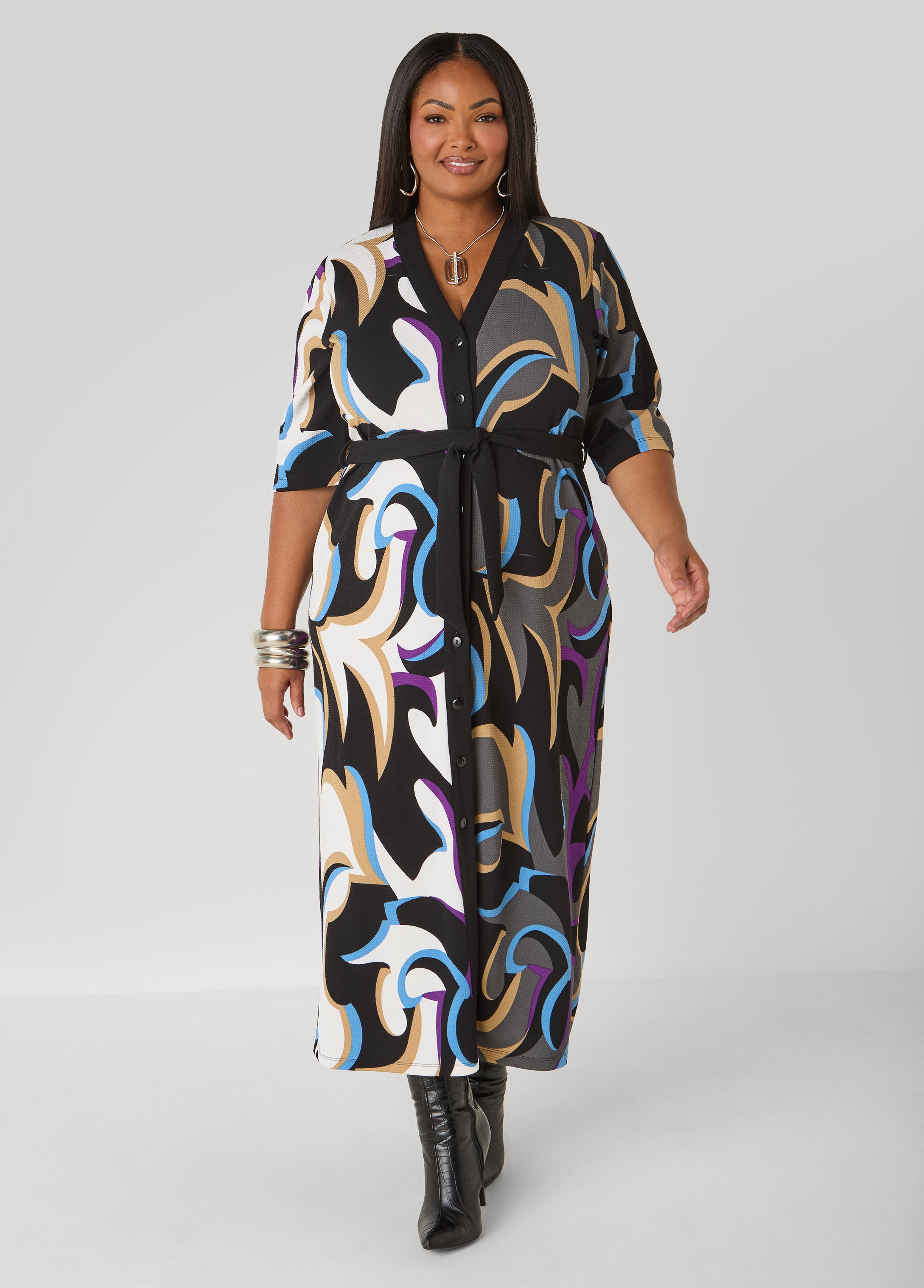 Plus Size Textured Swirl Print Maxi Dress
