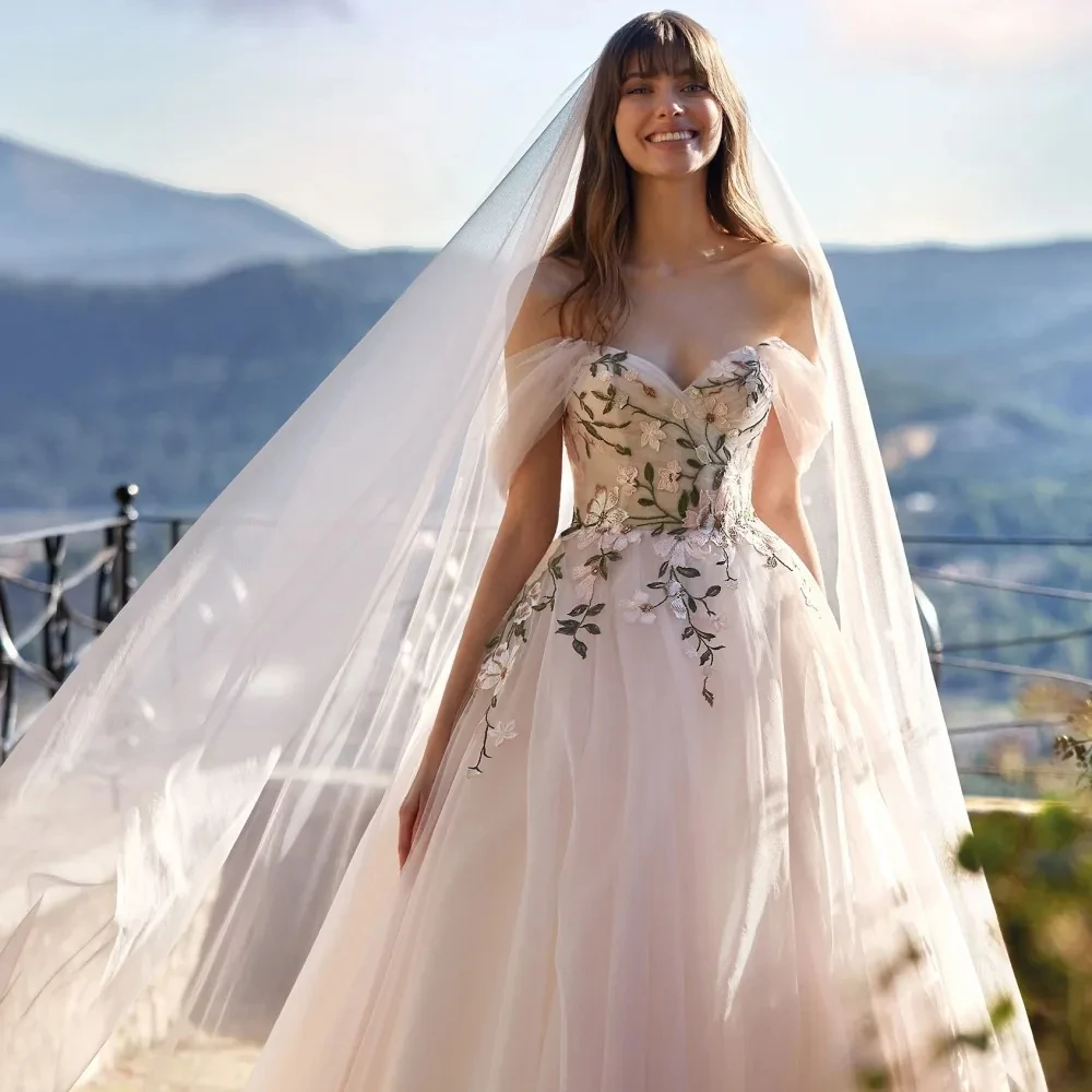 Elegant Long Wedding Dress Off The Shoulder Classic V-neck Appliques Bridal Gowns Simple A-line Vestido De Novia