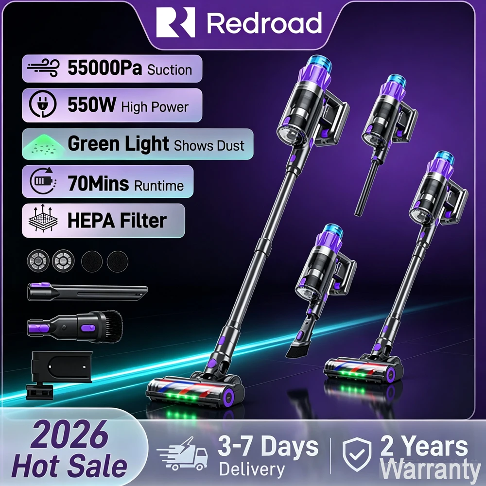 Redroad P9 Pro | 550W Kabelloser Staubsauger | 55KPA starke Saugkraft für Tierhaare und Teppiche, 70 Minuten Laufzeit, Haushaltsreinigung