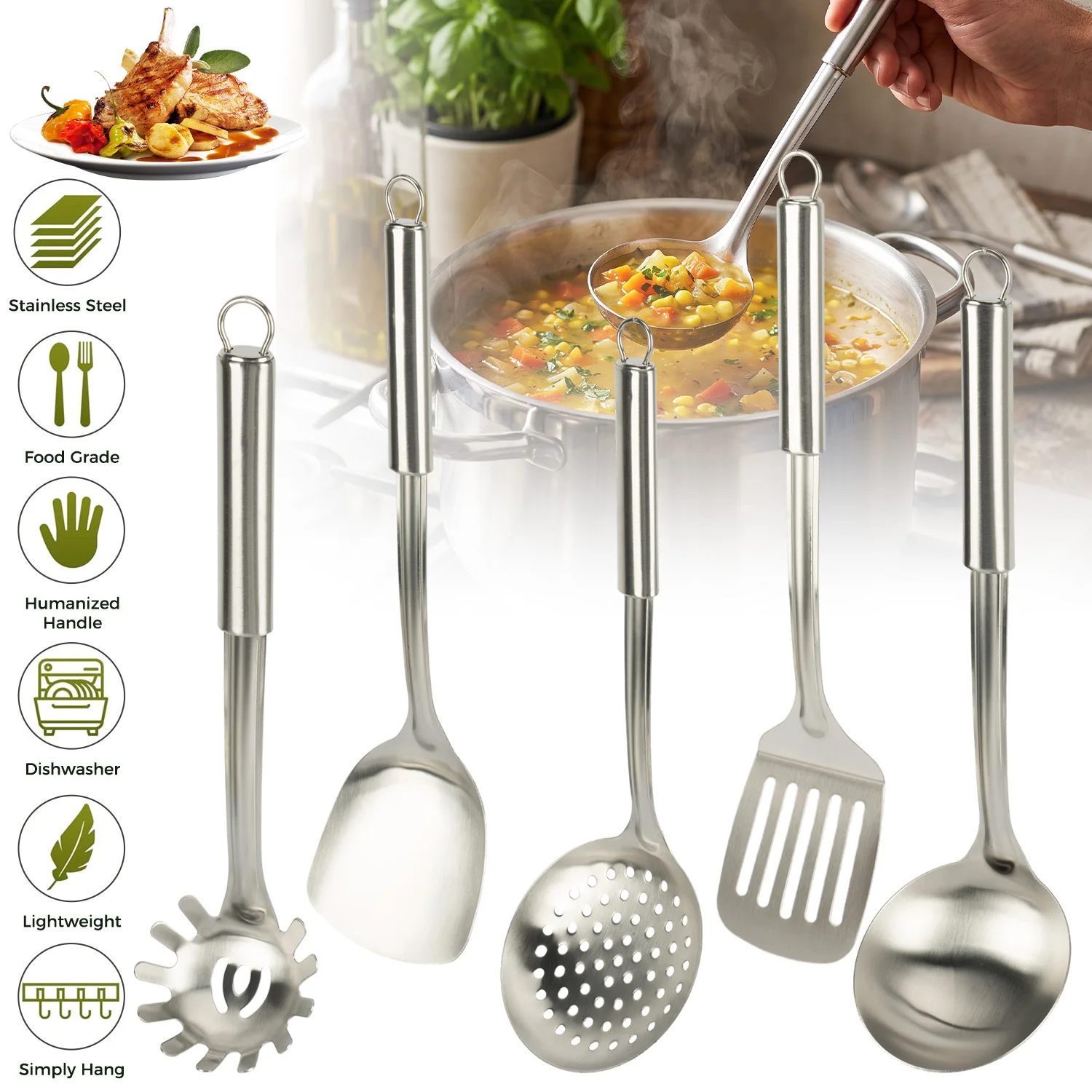 Ensemble de cuillères de cuisine en acier inoxydable, 6 pièces, ensemble d'ustensiles de cuisine, cuillères de service résistantes à la chaleur, pour la cuisine domestique, gadgets de cuisine