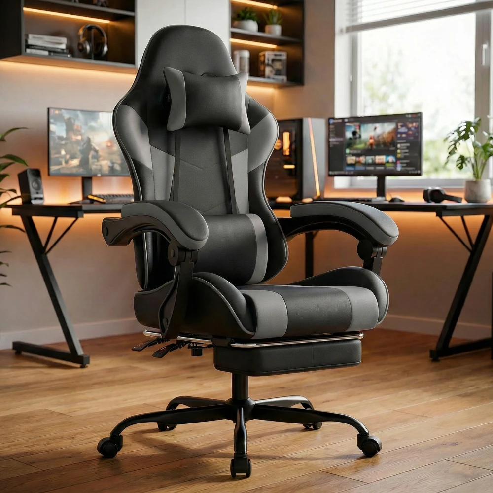 Ergonomischer Gaming-Bürostuhl, Premium Atmungsaktiver PU-Leder Computerstuhl mit Lendenwirbelstütze, Höhenverstellbarem Sitz & Neigbarer Rückenlehne, Max. 200KG Tragkraft, Komfortabler Drehbarer Gaming-Sessel für Gamer, Büroangestellte, Heim- und...