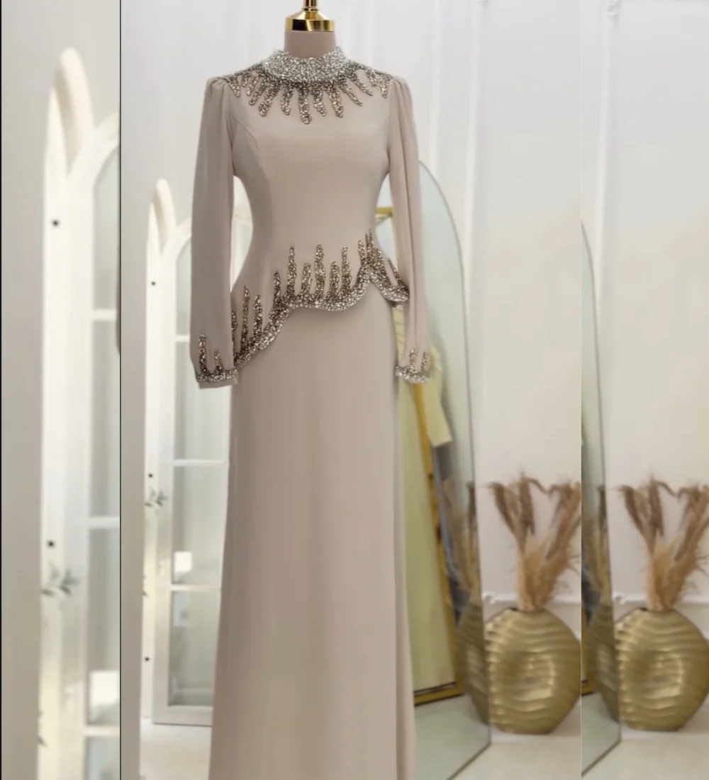 Customized Simple Jersey Pleat Sequined Pattern A-line Jewel Long Bespoke Occasion Evening Dresses High Quality