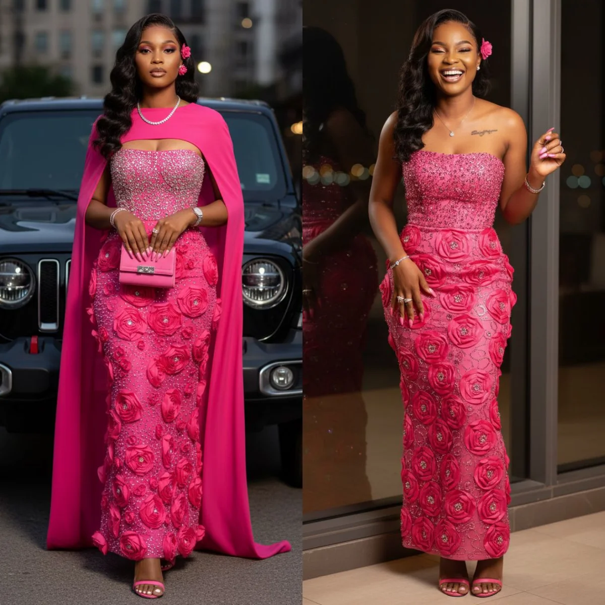 Customized Elegant Purple Red Mermaid Evening Dress Strapless Diamond 3D Rose Decal Ball Dress Formal Wedding Party Dress