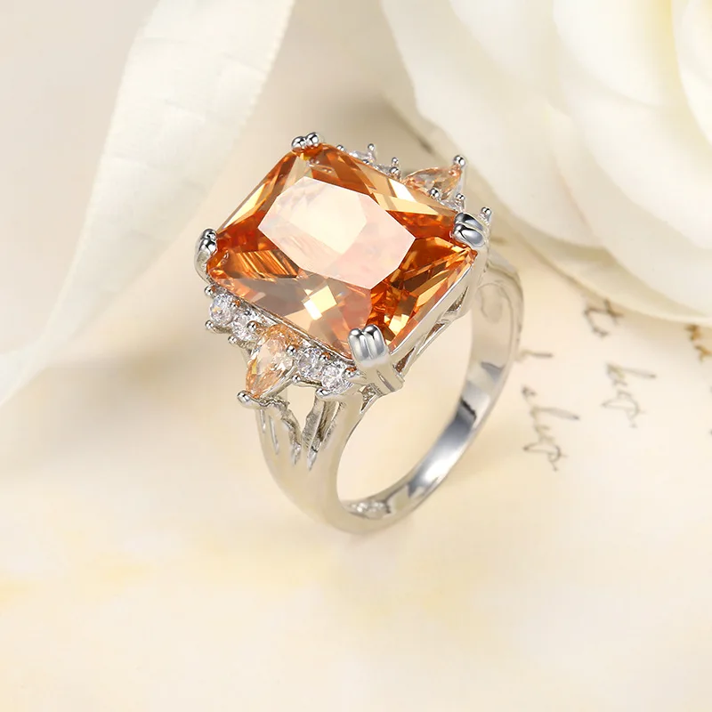 Klassische Big Champagne CZ Stein Ring Große Einzel Orange Kristall CZ Cut Luxus Plata farbe Ring Frauen Schmuck