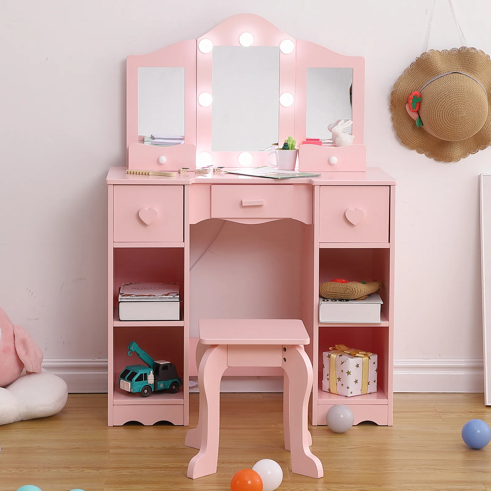 Schminktisch für Mädchen mit Spiegel, Licht, Hocker und Schublade, 2-in-1-Prinzessin-Make-up-Schreibtisch aus Holz, Schminktisch, Spielspielzeug zum Spielen