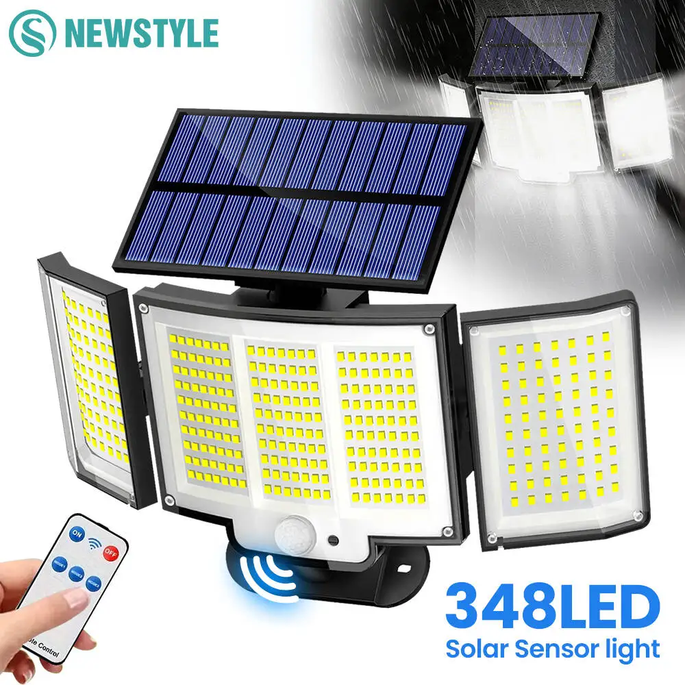 Solar-Außenleuchten mit Bewegungsmelder und Fernbedienung, 3 Beleuchtungsmodi, IP65 wasserdicht, 348 LED Solar-Sicherheitsleuchten, 3-Kopf-Bewegungsmelder-Leuchten für Garage, Scheune und Garten, Außenbeleuchtung