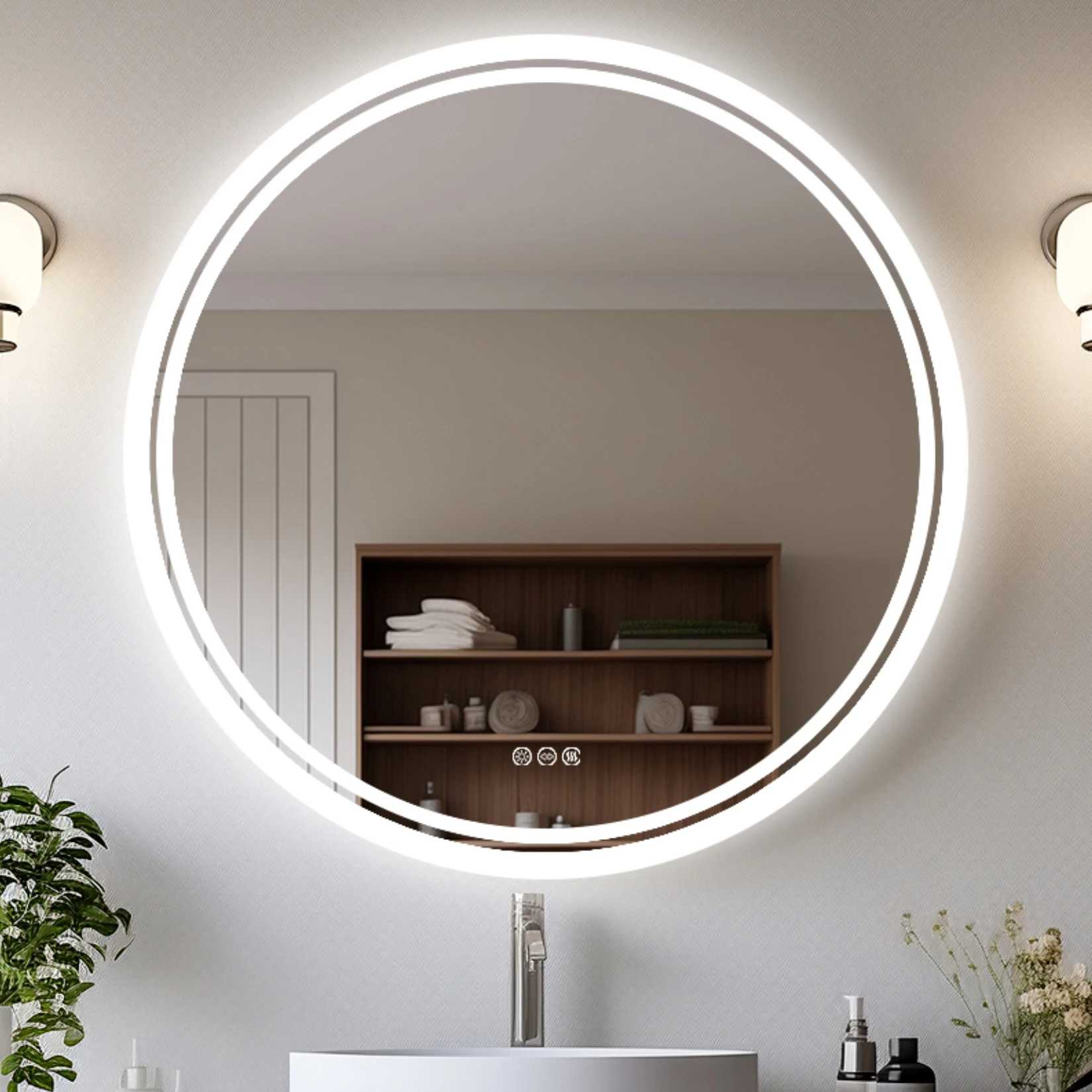 LED-Badezimmerspiegel Rund 800mm Beleuchteter Dimmbarer Hintergrundbeleuchteter Wandspiegel Beschlagfrei Intelligenter Make-up- und Rasierspiegel