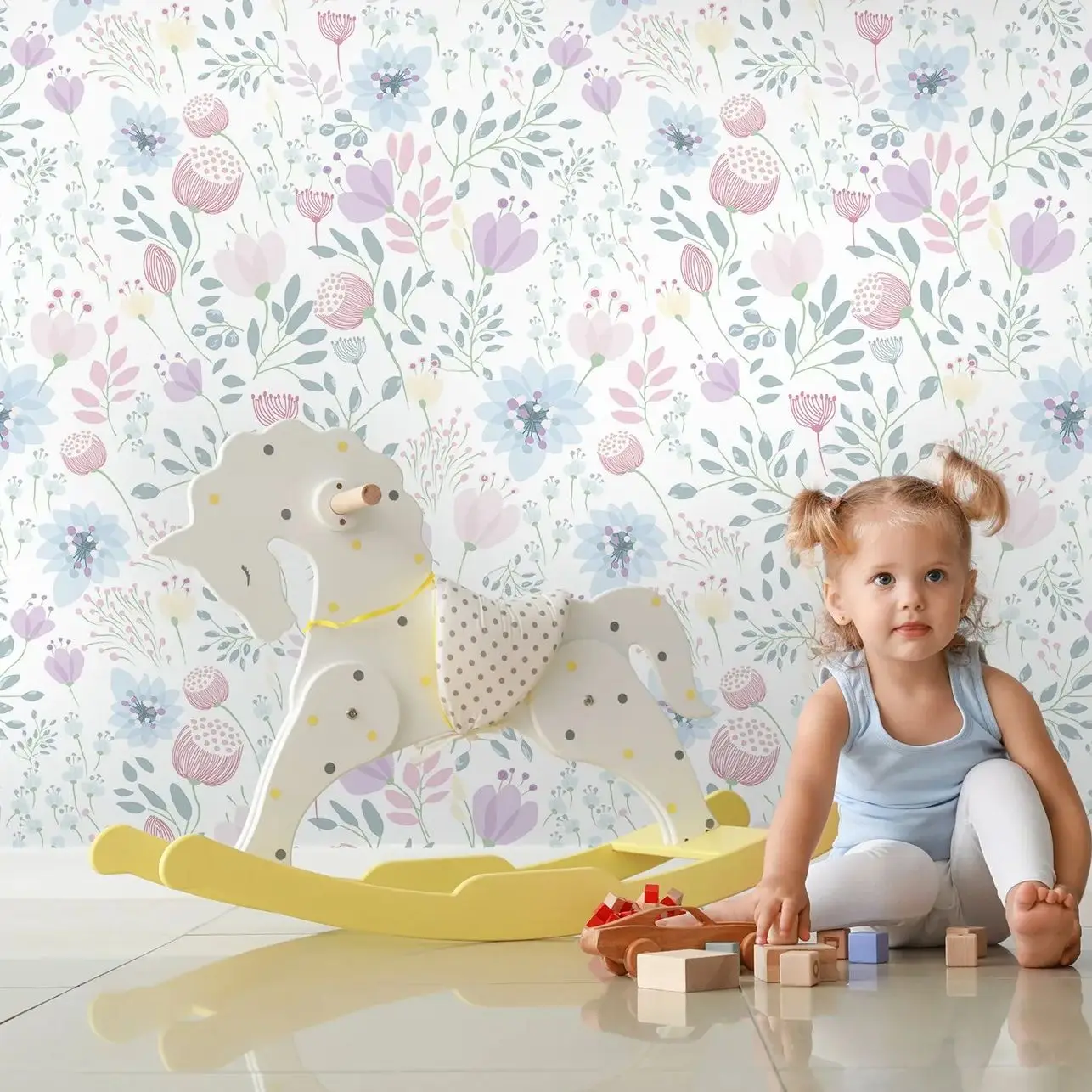 Kinderzimmer bunte Blumen wandbild, Kinderzimmer Blumen tapete in lila, Aquarell Blumengarten Blumen Wandbild für Kinder