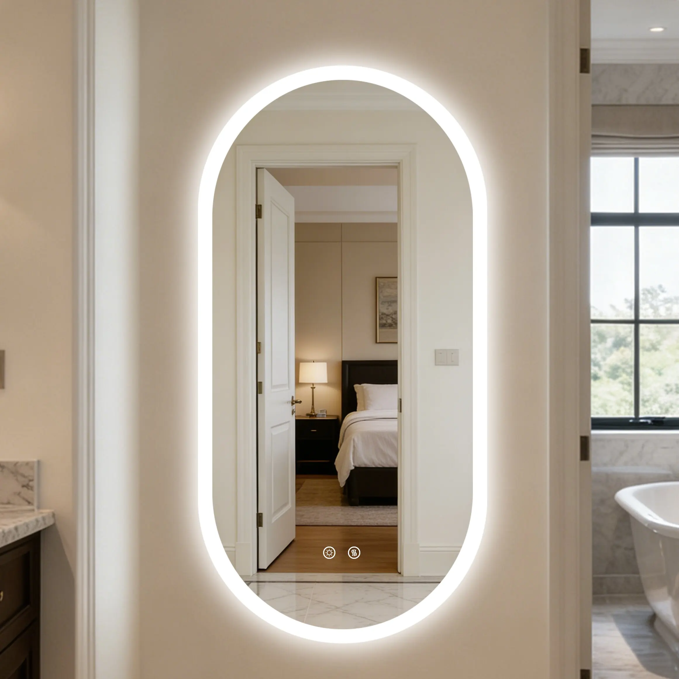 LED-Badezimmerspiegel Smart Antibeschlag Dimmbarer LED-Beleuchteter Spiegel Ovaler Schminkspiegel SPA Hotel 1200x600mm/1000x500mm/800x500mm, Gehärtetes Glas, Rahmenlos