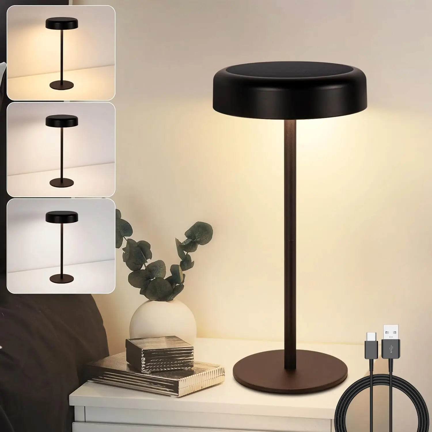 Tischlampe, kabellose LED-Batterielampe, Tischlampe, solarbetrieben, Touch-Tischlampe, dimmbar, 3000-5000 K, mit USB-C-Aufladung, 3600 mAh, schwarz, wasserdicht, für den Innen- und Außenbereich