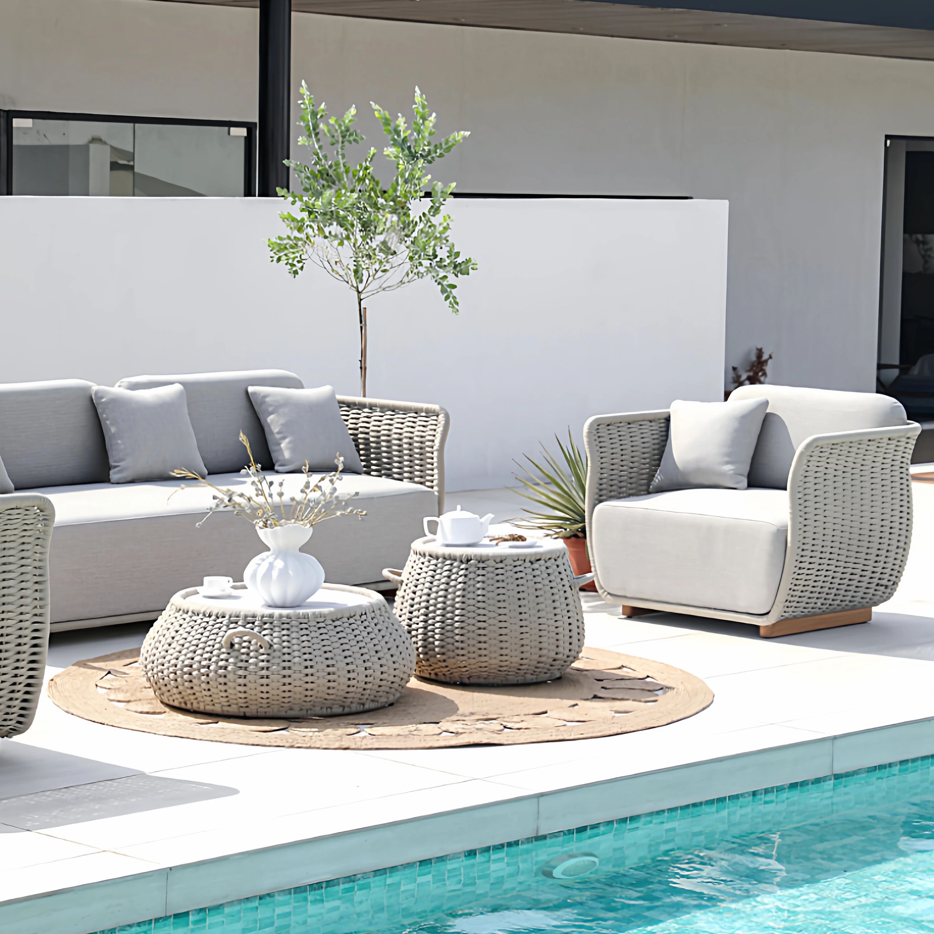 Rattan-Holz Gartenmöbel-Sets Strand-Stoff Gartenmöbel-Sets Runde Hinterhof-Muebles De Patio Exterior Terrassenmöbel