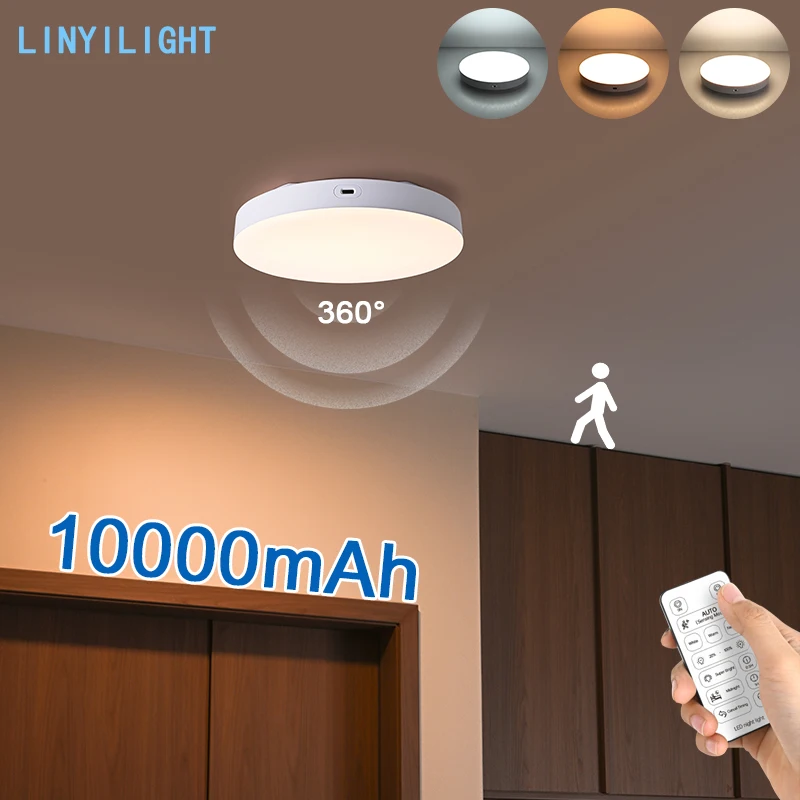 10000mAh LED-Deckenlampe, Runde Nachtleuchte, Wiederaufladbare Bewegungssensor-Leuchte, Dimmbare Sensorleuchten für Wohnzimmer