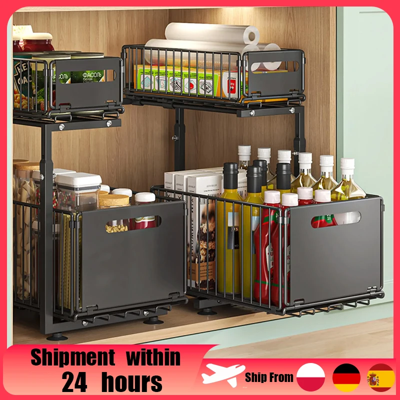 Ausziehbarer Unterschrank-Organizer 2-stufiges Erweiterbares Aufbewahrungsregal - Platzsparender Multifunktionaler Unterschrank-Organizer für Küche Badezimmer Schränke Regalkörbe