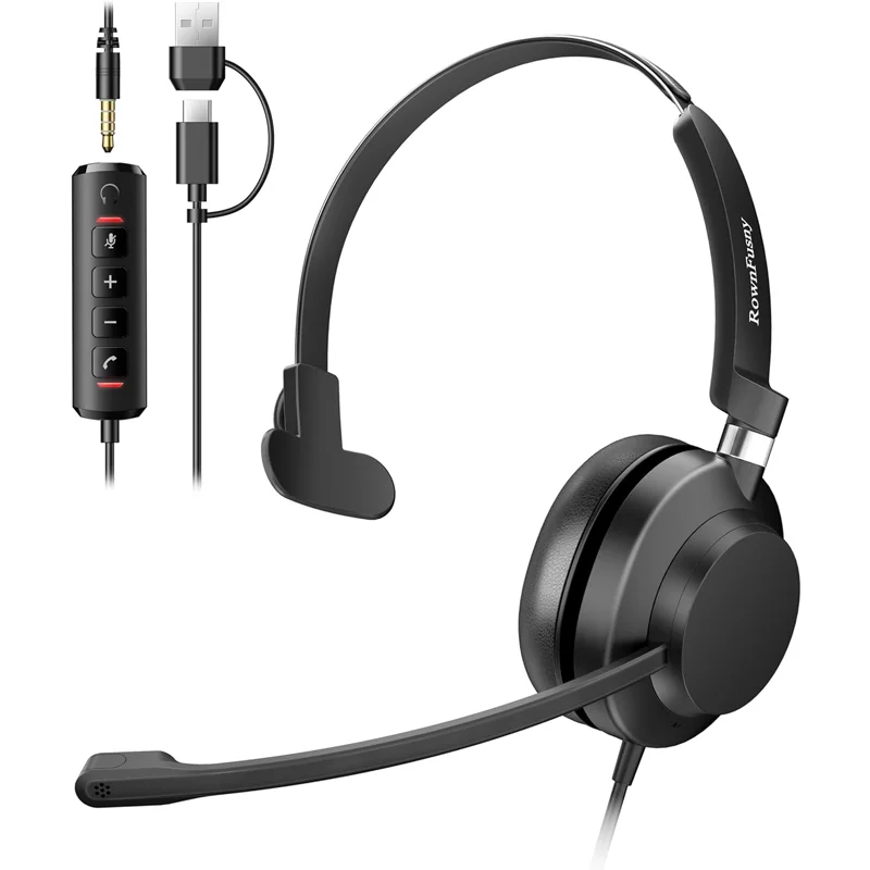 RownFusny USB-Headset mit Mikrofon für PC & Laptop Geräuschunterdrückende On-Ear-Kopfhörer mit Kabel für MS Teams, IP-Telefone, Arbeit, Zoom, Skype