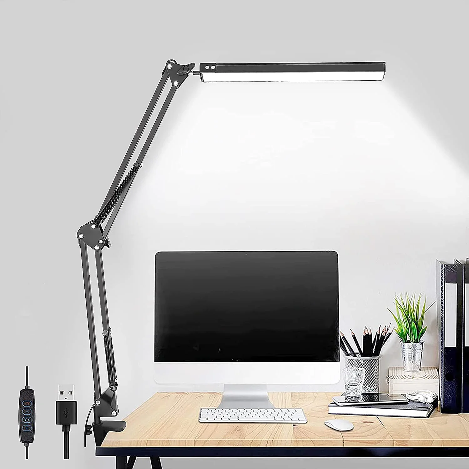 Eine LED-Schreibtischlampe, verstellbare Schreibtischlampe aus Metall mit Schwenkarm und Klemme, augenschonende Architekten-Schreibtischleuchte, Funktion mit 3 Farbmodi