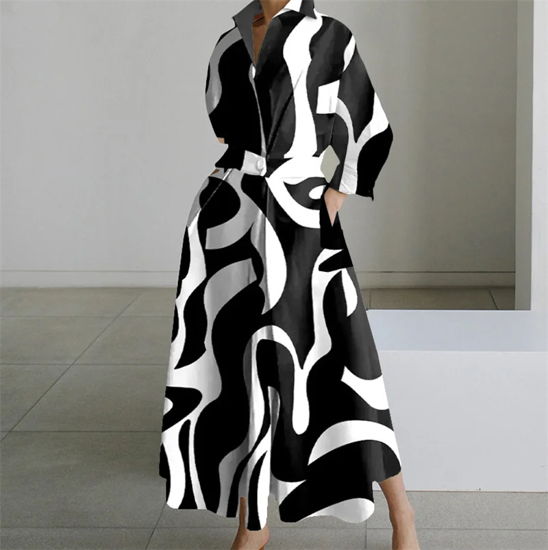 Plus Größe Kleid für Frauen Sommer Elegante Revers Ölgemälde Taste Hemd Kleid Vestidos Casual 3/4 Hülse Kleid Party Vestido