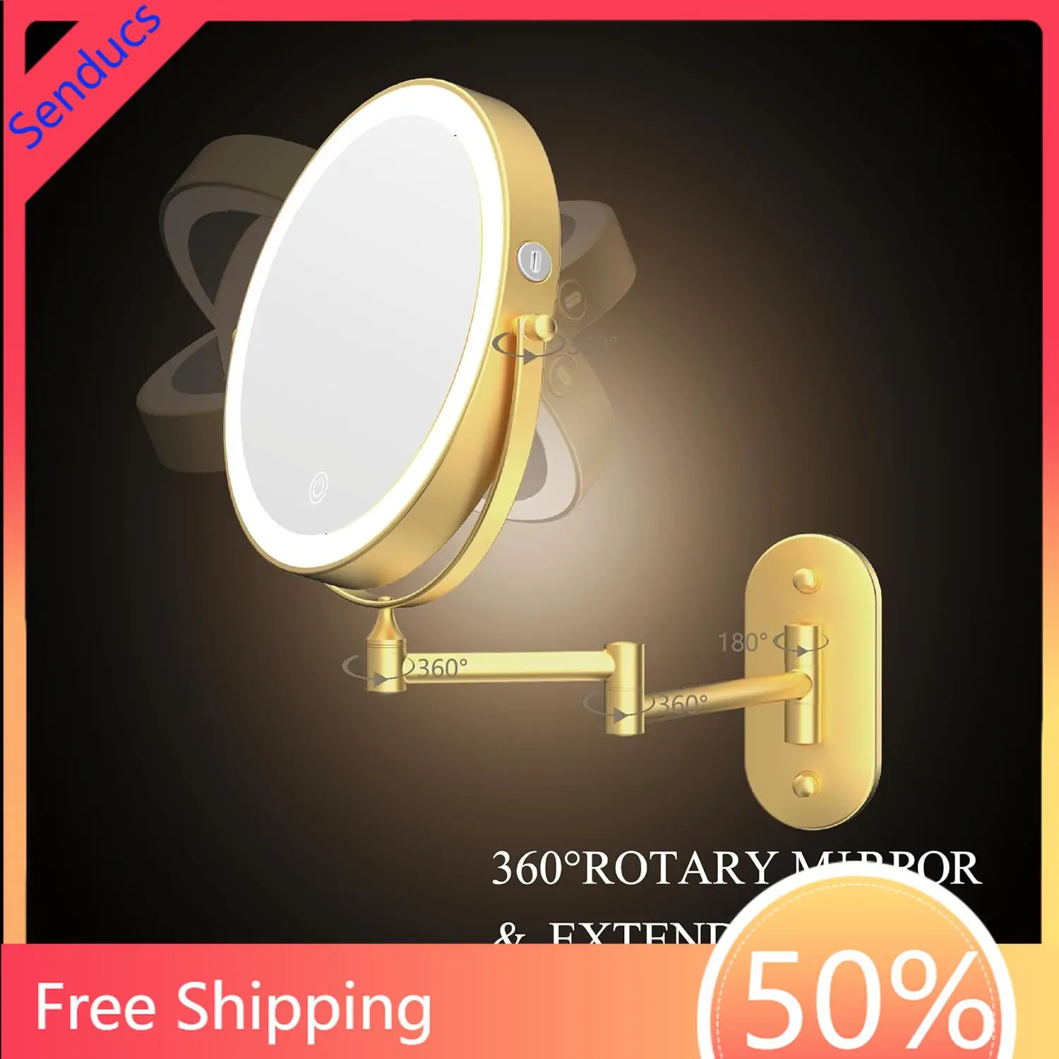 Goldfarbener LED-beleuchteter Badezimmerspiegel mit Doppelarm, ausziehbar und klappbar, mit 5-facher Vergrößerung für Bad und Make-up