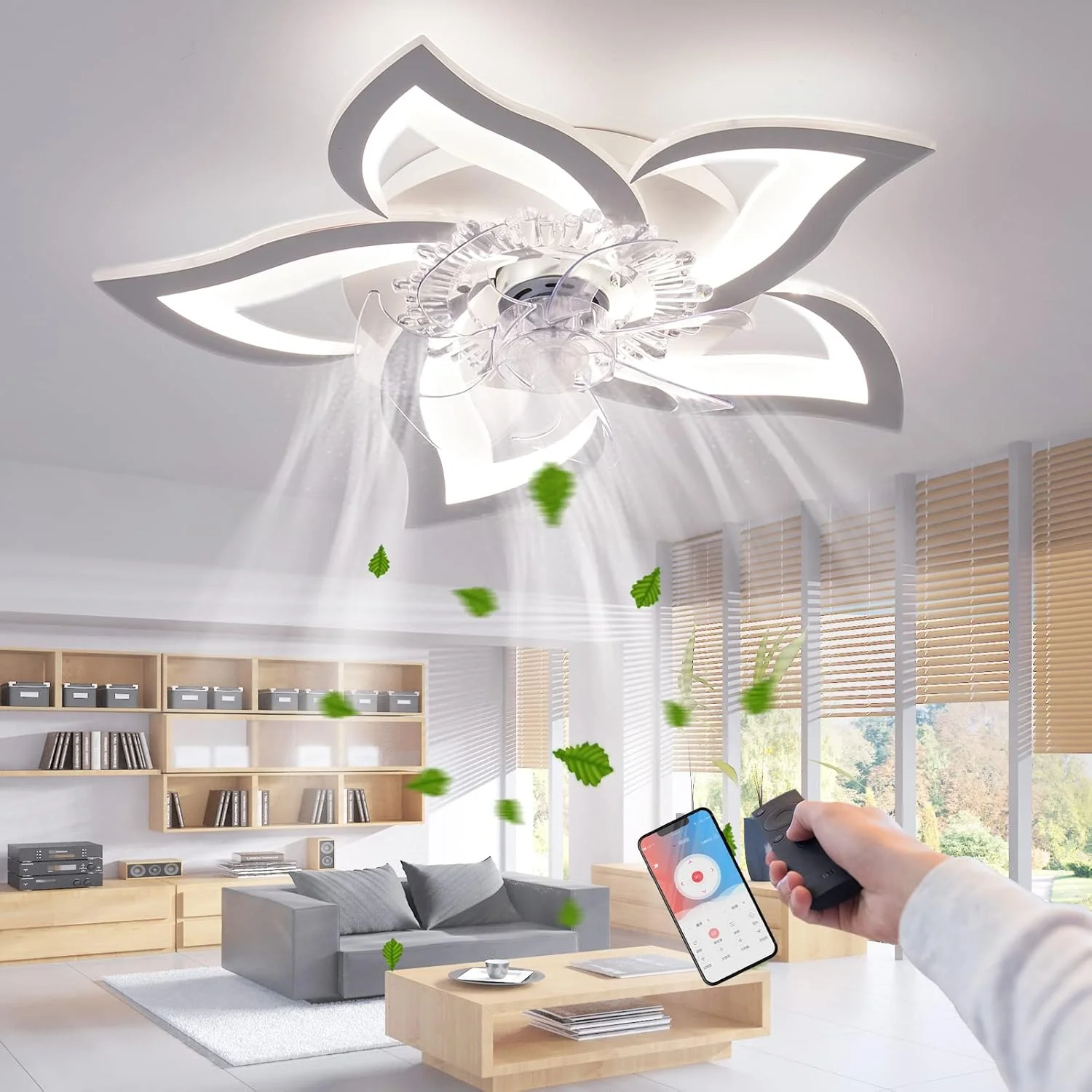 Deckenventilator mit Licht, moderner blumenförmiger Deckenventilator mit Beleuchtung, dimmbarer, leiser LED-Ventilator mit Fernbedienung/APP für Wohnzimmer und Schlafzimmer, Timer-Funktion