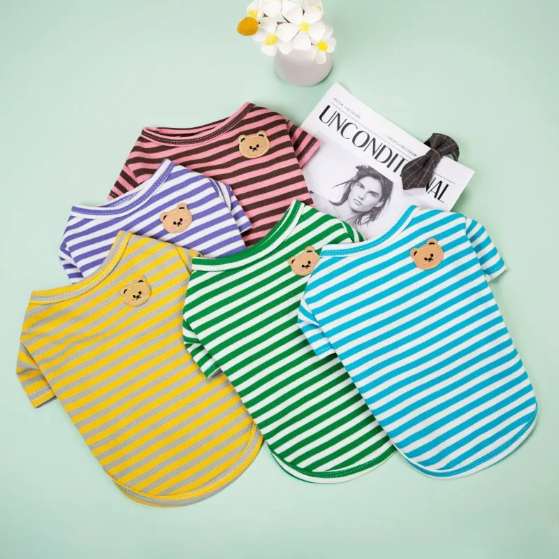 Sommer-Haustierkleidung für kleine Hunde, modisches Hundeshirt, Bärendruck, dünnes Welpenhemd, süße Katze, Streifenweste, Chihuahua-Kleidung, Haustier-Shirt