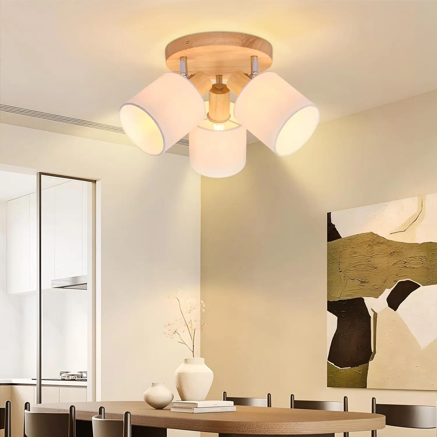 Deckenstrahler 3 Flammig Deckenleuchte Wohnzimmer - Deckenlampe Rund Holz Deckenspot E14 MAX 25W Vintage Schwenkbar 350° Landhausstil Schlafzimmer Küche Ohne Leuchtmittel