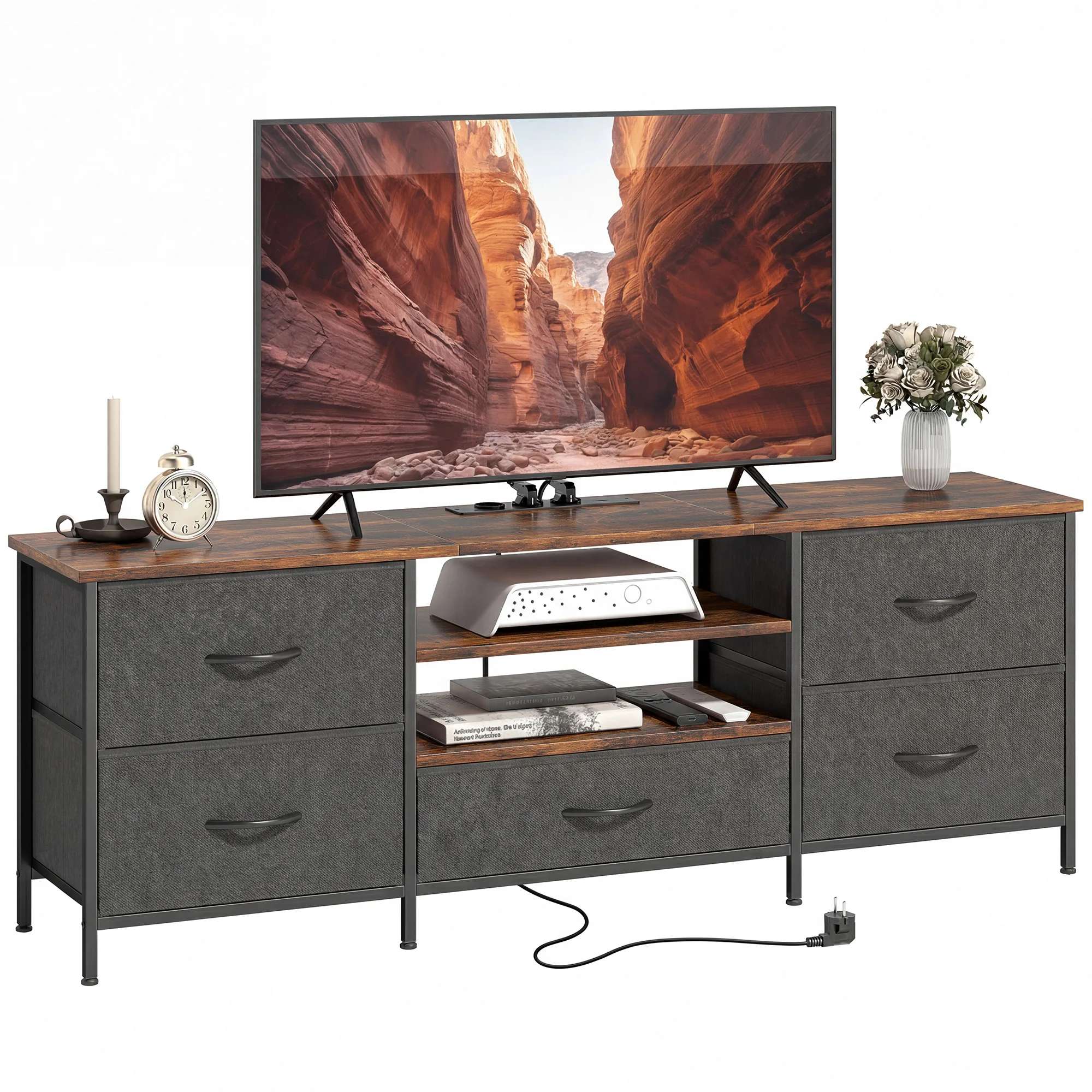 Homcom 140 cm TV-Schrank, TV-Möbel für Fernseher bis zu 65 Zoll, Ladestation, 5 Schubladen aus Stoff, offene Regalböden und Stahlrahmen, TV-Bank für Wohnzimmer, Schlafzimmer, rustikales Braun.