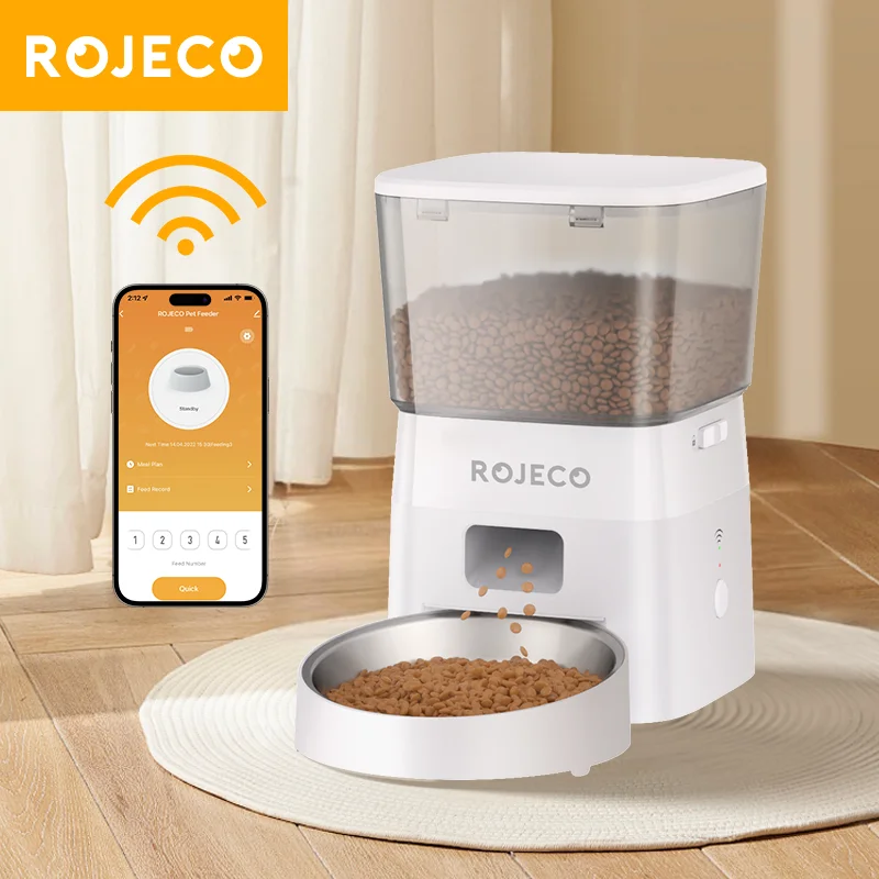 ROJECO 2L Automatischer Katzenfutterspender WIFI Smart Pet Food Dispenser für Trockenfutter Hunde Kibble Dispenser mit Fernbedienungszubehör