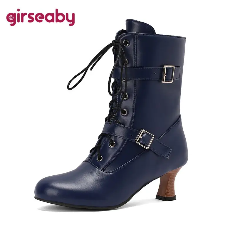 Girseaby Modische Schuhe, modische Damen-Stiefeletten, runde Zehen, Absatz, Reißverschluss, Schnürung, große Größe 45–50, Weiß, Blau, Dating-Stil, lässig