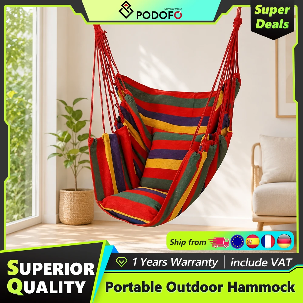 Podofo Tragbarer Outdoor-Hängesessel mit 2 Kissen, Hängeschaukelstuhl aus robustem Baumwollstoff, bequemer und langlebiger Hängesessel, perfekt für den Außenbereich, Zuhause, Schlafzimmer und Garten.