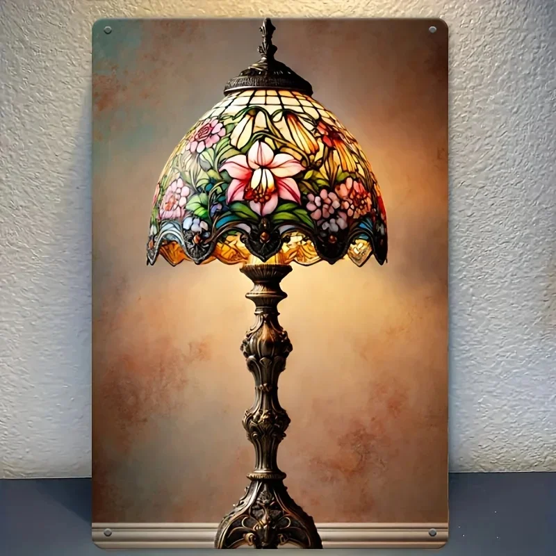 Vintage Tiffany Blumen-Tischlampe Metallplakette Retro Buntglas-Lampe Kunst Heim Innenraum Wanddekoration